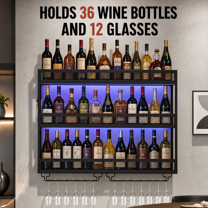 Wall-Mounted Wine Rack with LED Lights, Glass Holders, Open Shelf - view 4