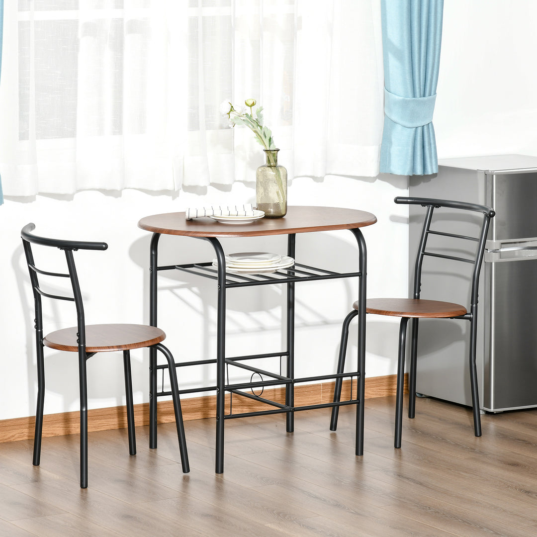3-Piece Dining Table Set , Metal Frame Wood Top Breakfast Bar Table Set for 2, Dining Table w/Storage Shelf & 2 chairs