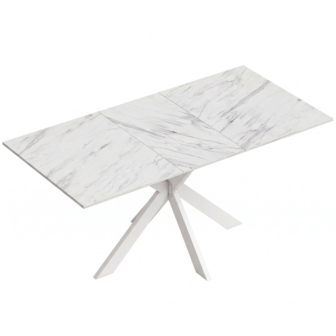 Extendable Dining Table Steel Cross Legs Steel Rails Space Saving - White Marble Effect
