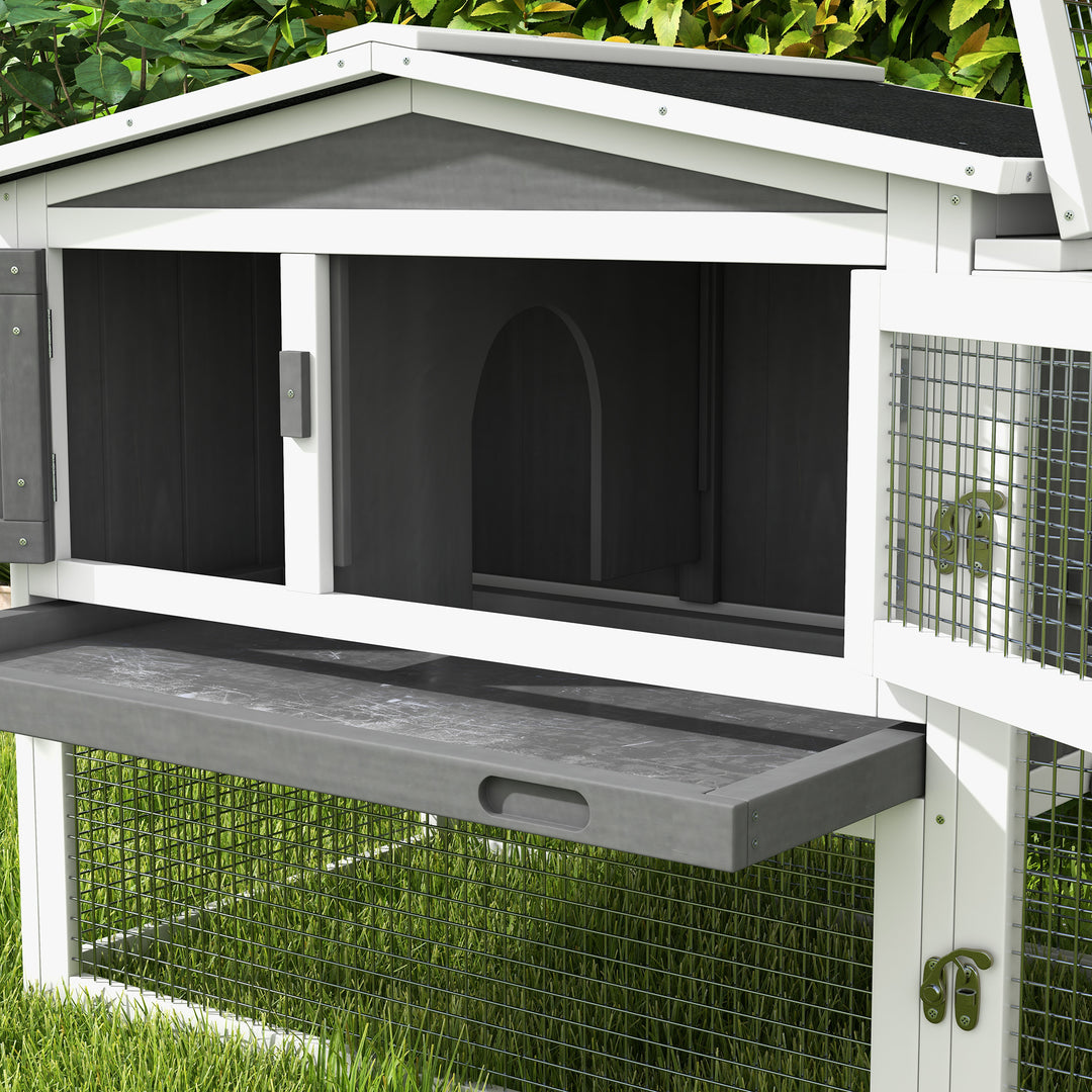 Rabbit Hutch with Run Wooden Guinea Pig Hutch Outdoor Bunny Cage Hide House with Sliding Tray, Hay Rack, Ramp, 156 x 58 x 68cm, Grey