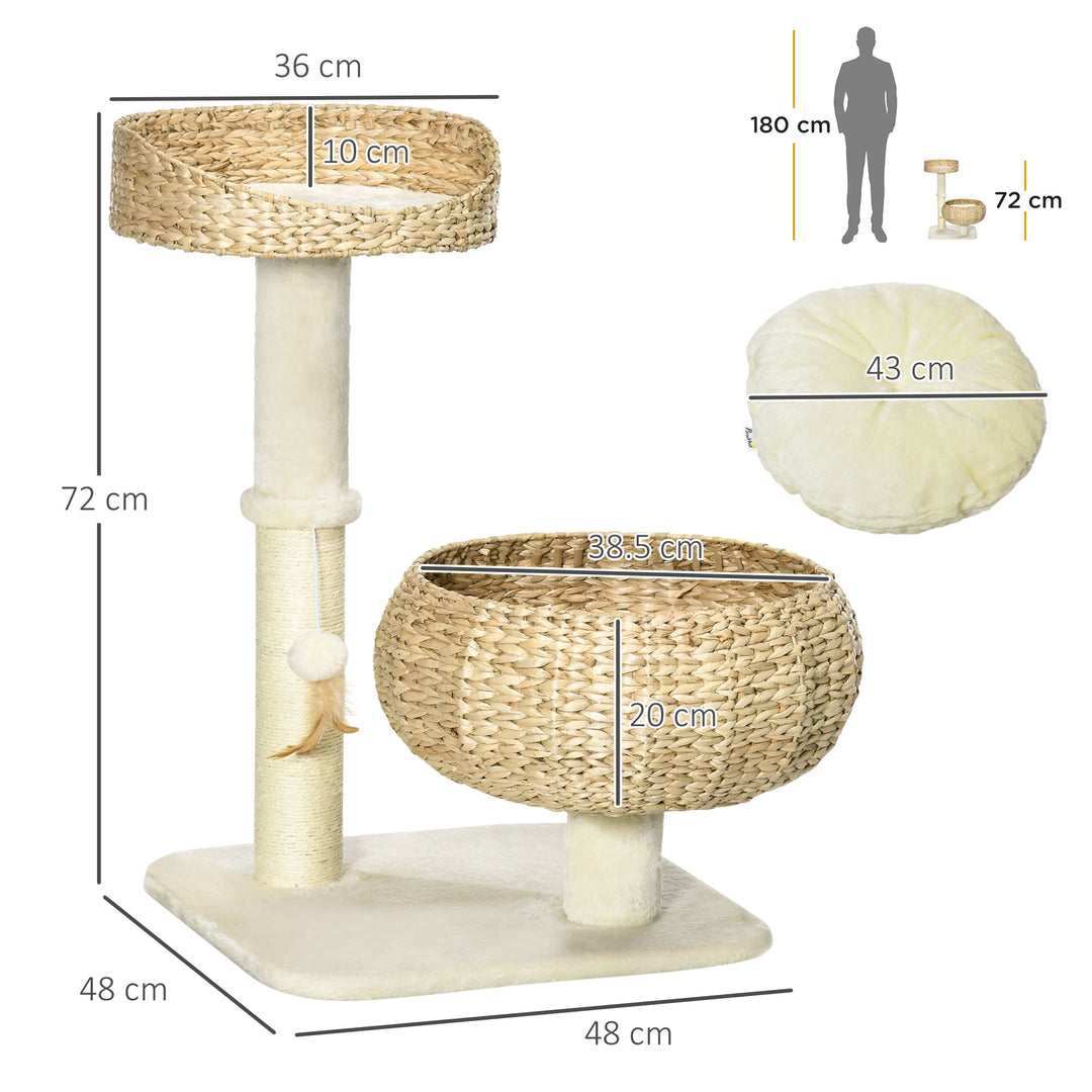 PawHut 72cm Cat Tree, Kitty Activity Center, Cat Climbing Toy, Cat Tower with 2 Cattail Beds Ball Toy Sisal Scratching Post, Beige | Aosom UK