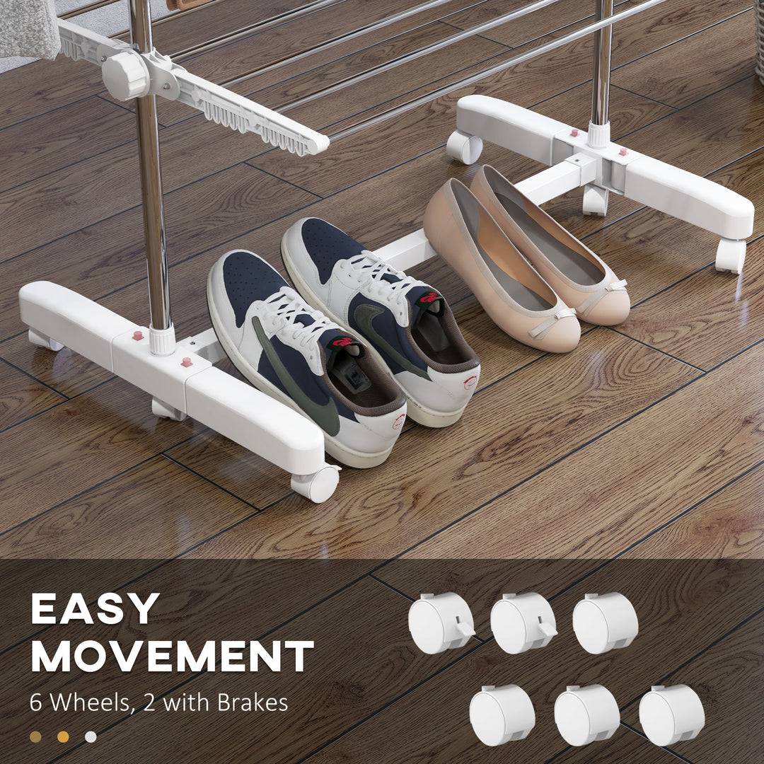 Four-Shelf Collapsing Clothes Horse, With Side Arms and Wheels - White