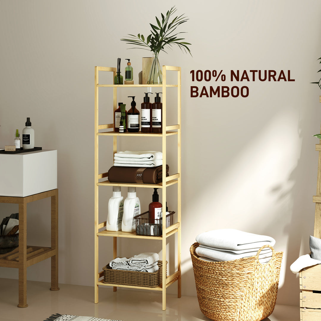 5-Tier Bamboo Bathroom Storage Shelf, Freestanding Shelving Unit with Adjustable Rack for Kitchen Bathroom Living Room, Natural Wood Finish
