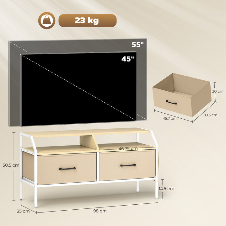 TV Stand Cabinet, TV Unit for 55-inch TVs with 2 Foldable Fabric Drawers, 5 Divided Side Pockets, Open Shelves, Console Table for Living Room, Bedroom, Entertainment Room, Natural Wood Finish