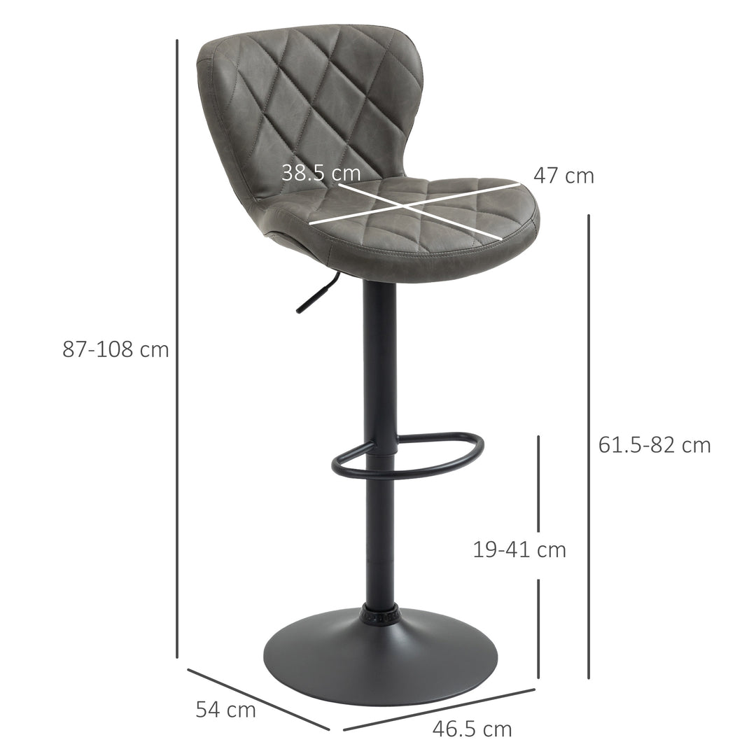 Bar Stools, Set of 2 Breakfast Bar Chairs, Swivel Barstools with Backrest and Footrest, Steel Frame Diamond Pattern PU, for Kitchen Counter, Dining Room, Dark Grey