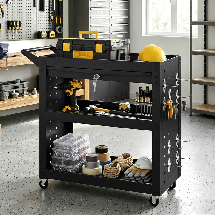 Tool Cart with Lockable Wheels, Rolling Workshop Cart with 3-Tier Tray