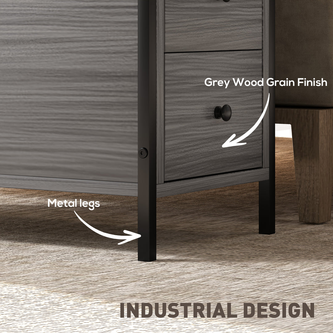 Side Table, Narrow Bedside Table with 2 Drawers and Storage Shelf, Industrial End Table with Metal Frame for Small Spaces, Grey Wood Grain