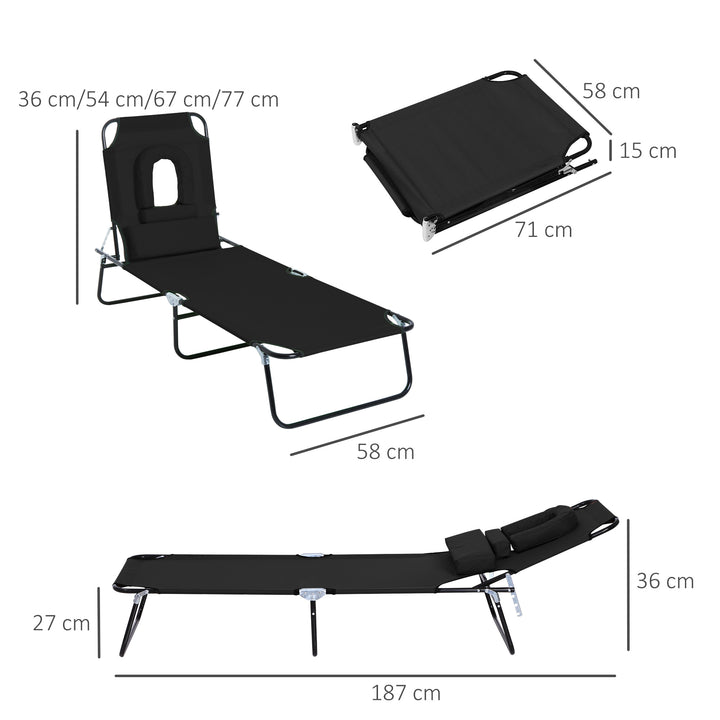 Outsunny Outdoor Folding Sun Lounger with Face Hole, 4 Level Adjustable Backrest Reclining Garden Lounger, Garden Recliner Sunbed with 600 D Oxford Cloth Seat and Pillow for Beach, Black