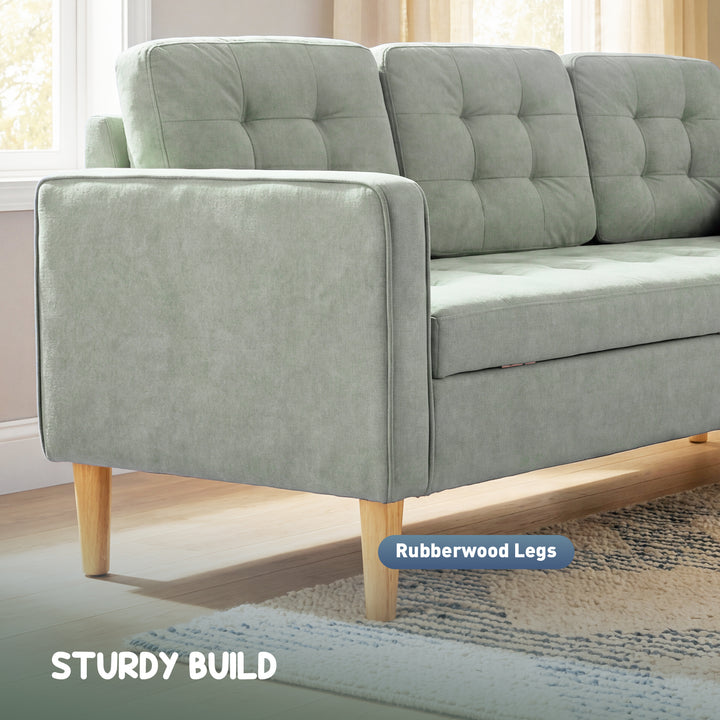 3 Seater Sofa, 169cm Couch with Hidden Storage, Wood Legs, Light Grey