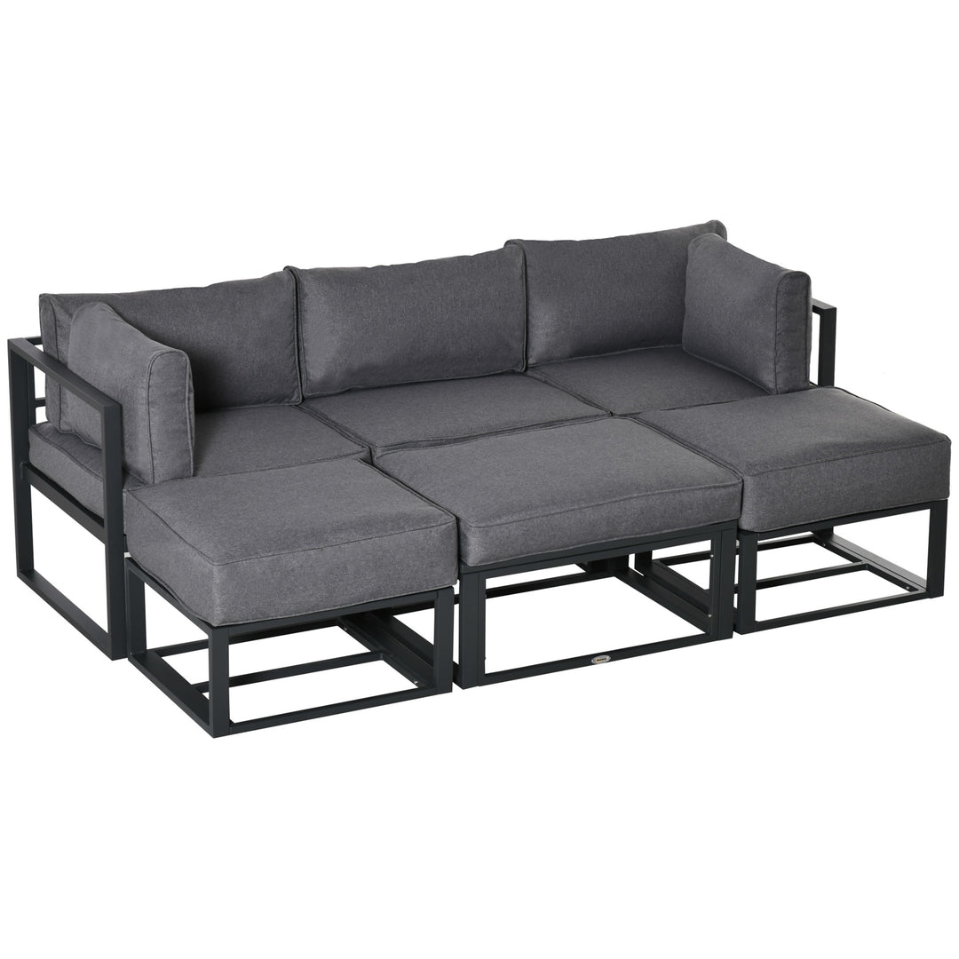 MCL Garden Daybed, 6 Piece Outdoor Sectional Sofa Set, Aluminum Patio Conversation Furniture Set with Coffee Table, Footstool and Cushions, Grey