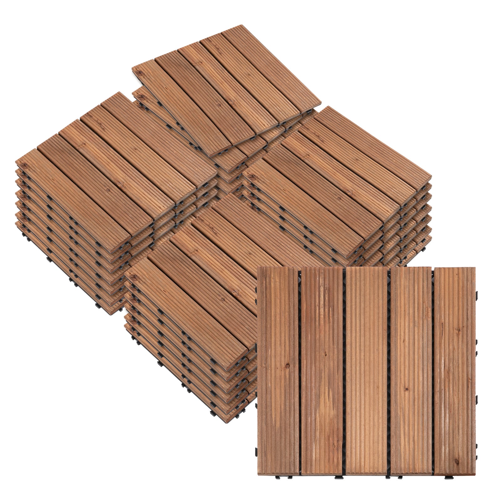 27 Pcs Solid Wood Interlocking Decking Tiles For Patio, Balcony, Roof Terrace, Hot Tub, Brown, (30 x 30 cm Per Piece)