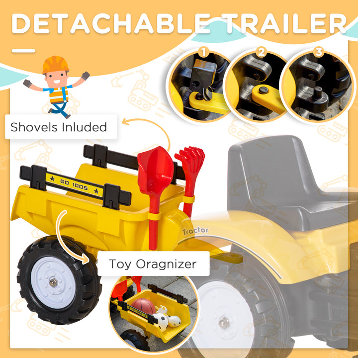 Kids Ride-On Construction Car, with Horn and Detachable Trailer - Yellow