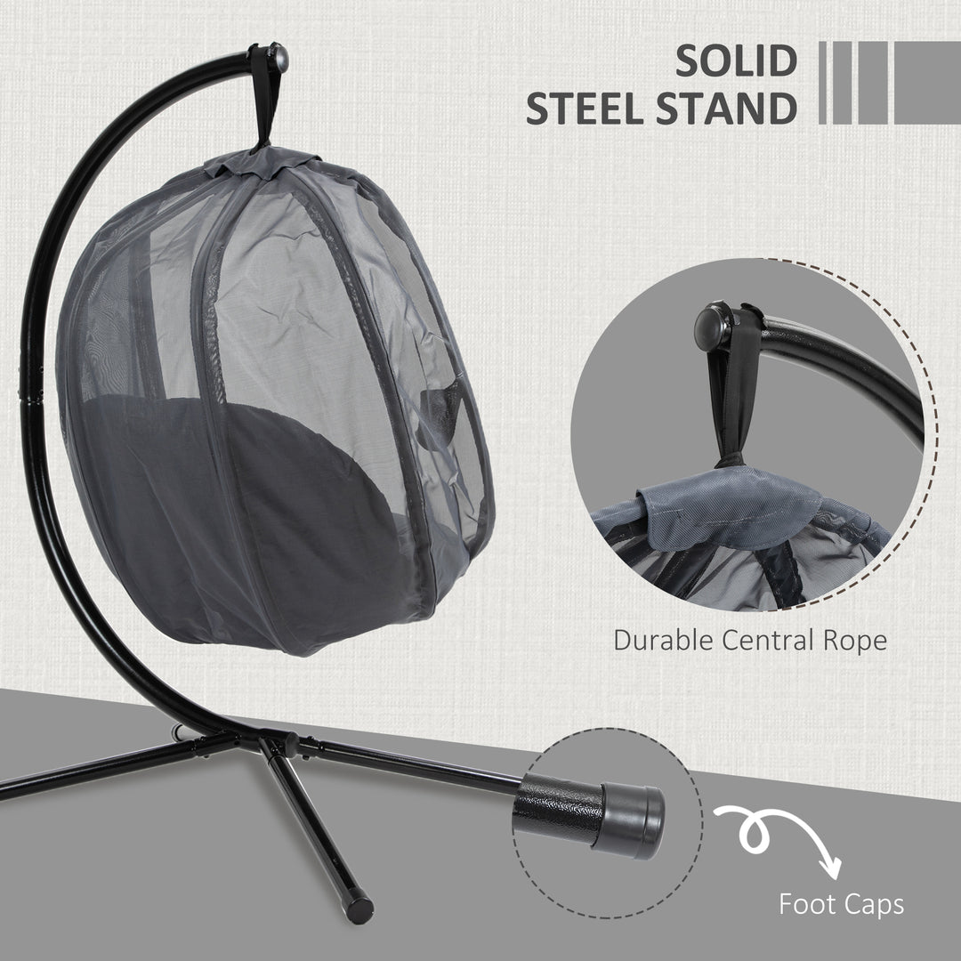 Hanging Egg Chair, Folding Texteline Swing Hammock with Side Pocket, Cushion and Stand for Indoor Outdoor, Patio Garden Furniture, Grey