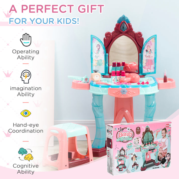 HOMCOM 31 Piece Children's Dressing Table Set with Enchanted Princess Mirror, Musical and Light-Up Beauty Kit, for Ages 3-6, Blue and Pink | Aosom UK