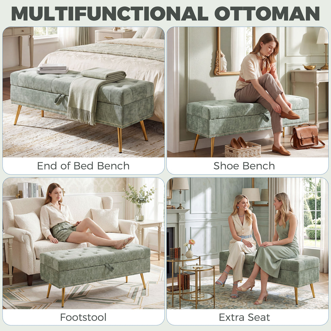 Storage Ottoman, Chenille Upholstered Ottoman Storage Box with Padded 
