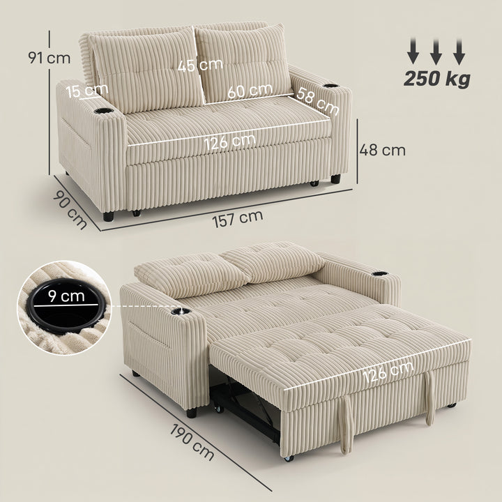 Corduroy Click Clack Sleeper Sofa with Pull Out Design, 2 Seater Sofa 
