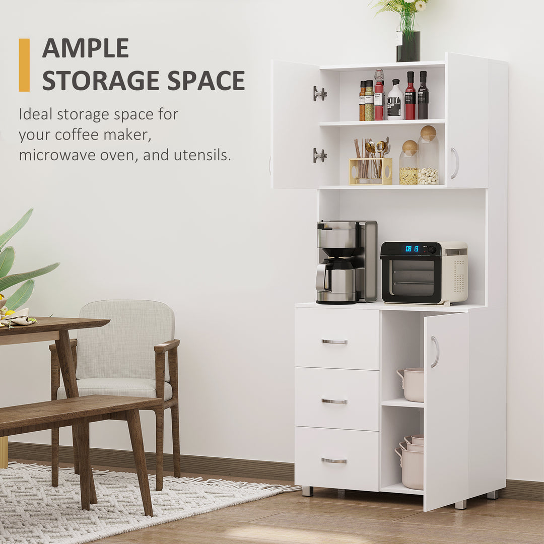 Free standing Kitchen Cupboard, Storage Cabinet with Doors and Sheleves, 3 drawers and Open Space, Adjustable Height Storage Unit, White