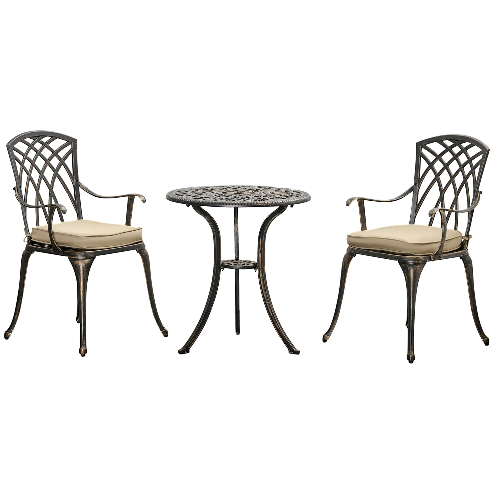 3pc Cast Aluminium Garden Bistro Set for 2 with Parasol Hole, Outdoor Coffee Table Set Rust Resistant with Cushions, Bronze