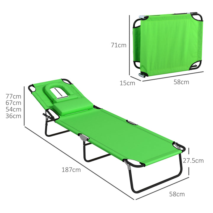 Outdoor Folding Sun Lounger Set of 2 with Face Hole, 4 Level Adjustable Backrest Reclining Garden Lounger, Garden Recliner Sunbed with 600 D Oxford Cloth Seat and Pillow for Beach, Green