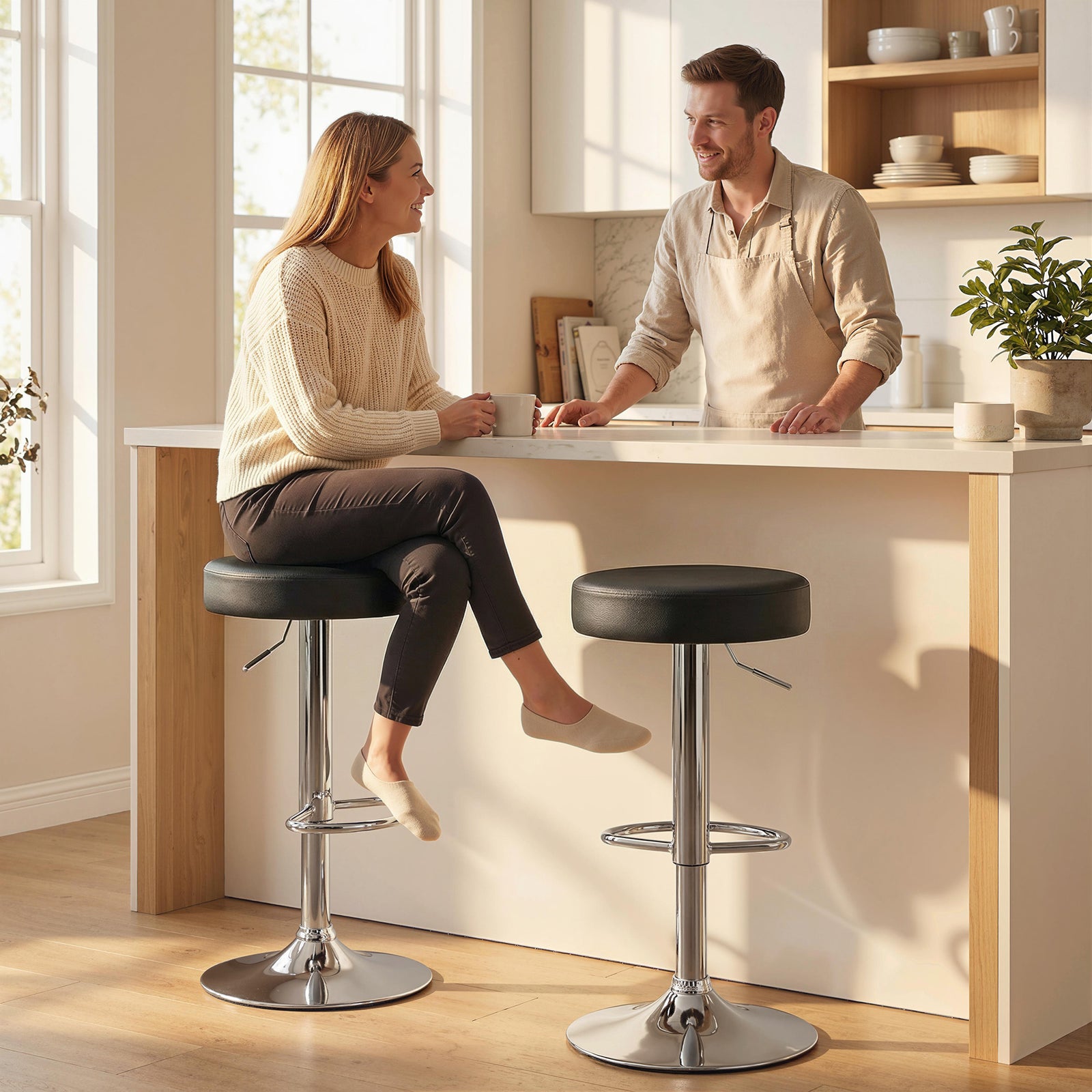 Bar Stools Set of 2, Modern PU Leather Swivel Barstools, Height Adjust