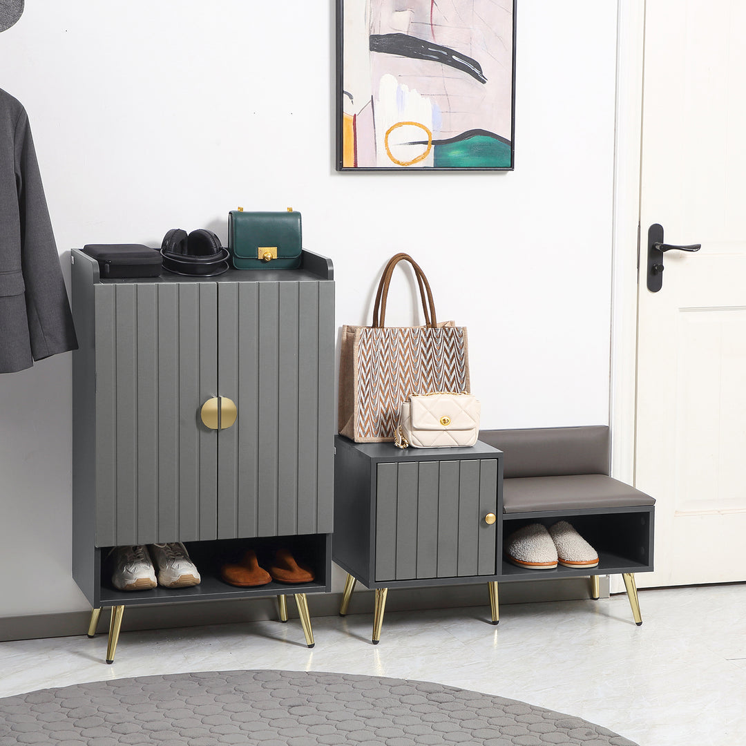 Modern Shoe Cabinet with 2 Doors, Open Shelf and Adjustable Shelves, 15 Pair Hallway Shoe Cupboard, Entryway Storage Unit, Grey
