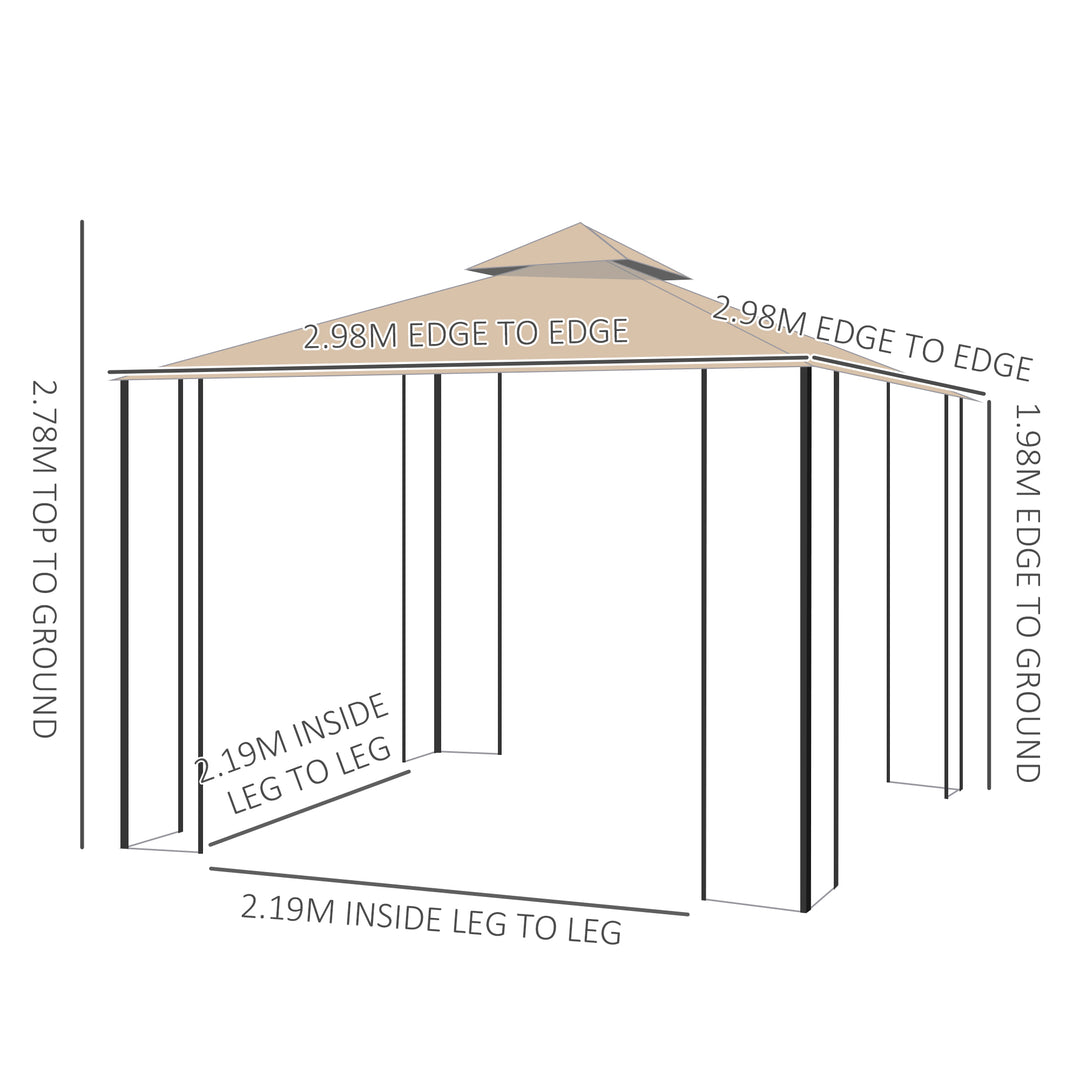 MCL 3(m) x 3(m) Garden Gazebo, Double Roof Outdoor Gazebo Canopy Shelter with Netting, Solid Steel Frame for Garden, Lawn, Backyard and Deck