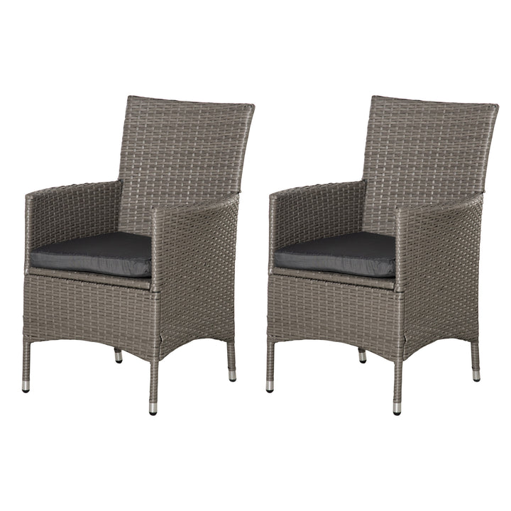 MCL 2 Pieces Outdoor PE Rattan Dining Chairs Set with Cushion, Garden Armchair with Armrests, High Backrest, Metal Frame Patio Wicker Furniture, Grey