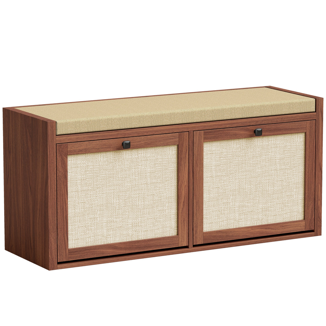 Rattan Shoe Bench with Padded Cushion and 2 Cabinets for Hidden Storag