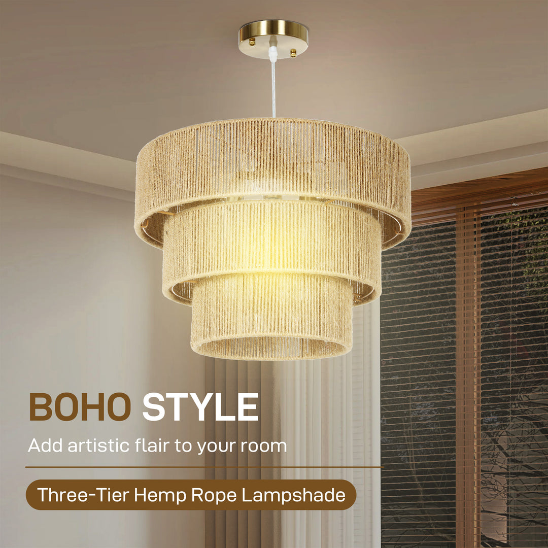 Hemp Rope Ceiling Light, 3-Layer Boho Pendant Light, E14 Vintage Ceiling Lamp Fixtures for Living Room, Bedroom, Kitchen, Hallway, Light Brown