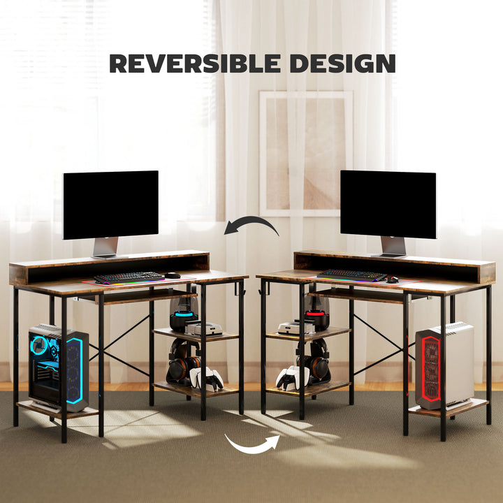 Computer Desk with LED Lights and Power Outlets, 120 x 55 cm Gaming Desk with Monitor Stand, Sliding Keyboard Tray and Storage Shelves for Home Office, Rustic Brown