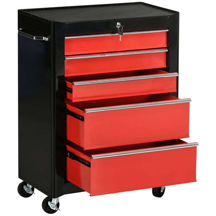 HOMCOM Tool Chest with 5 Drawers, Lockable Steel Storage Cabinet on Wheels with Handle, Red, for Garages & Workshops | Aosom UK