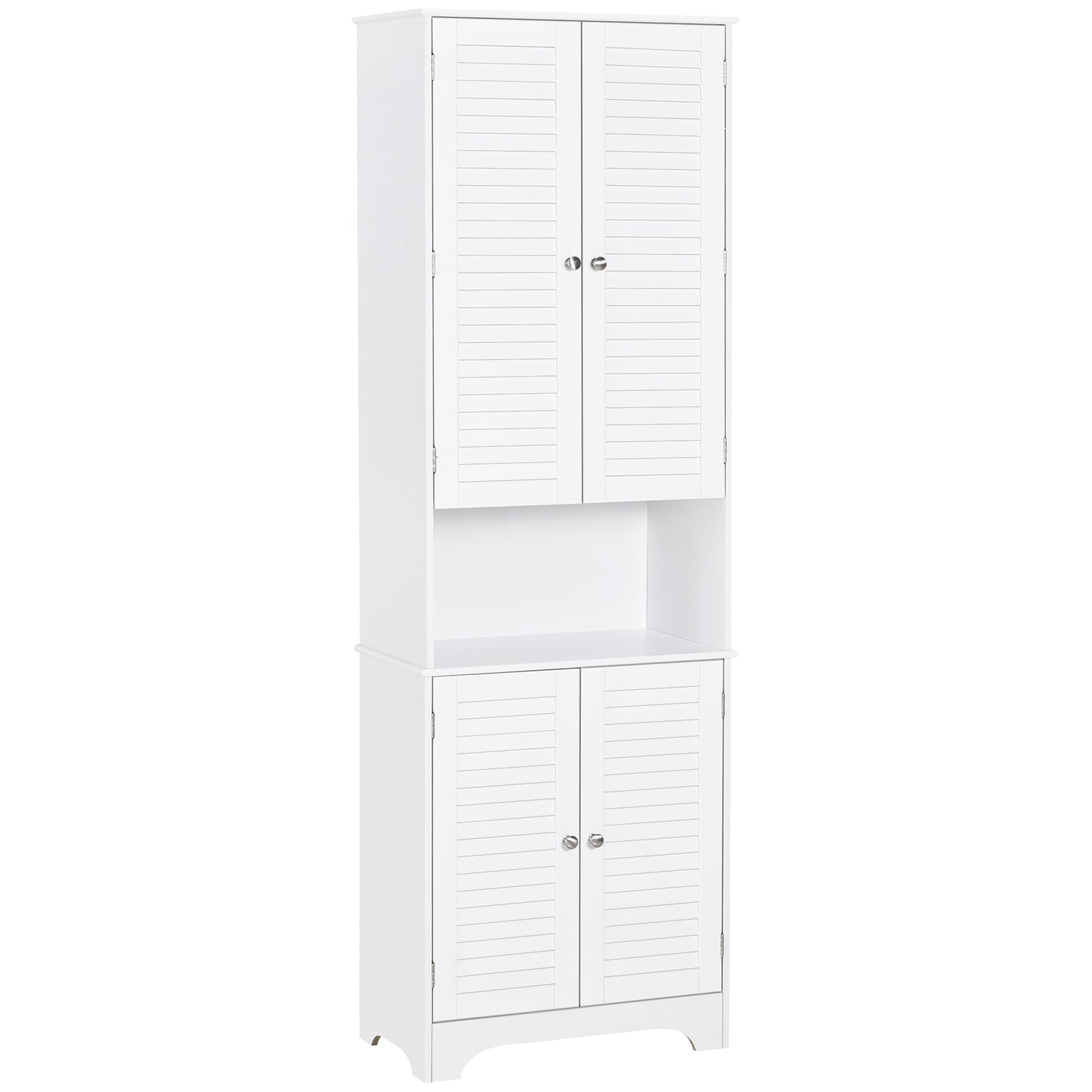 Tall Freestanding Bathroom Cabinet Retro Shutters w/ 3 Compartments Shelves Elevated Base Narrow Organiser White 60L x 30W x 182.5H cm