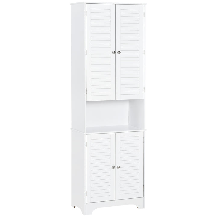 Tall Freestanding Bathroom Cabinet Retro Shutters w/ 3 Compartments Shelves Elevated Base Narrow Organiser White 60L x 30W x 182.5H cm