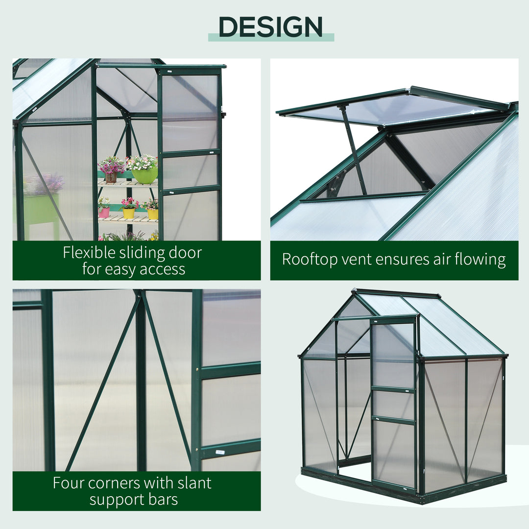 6 x 4ft Polycarbonate Greenhouse, Large Walk-In Green House with Slide Door and Window, Garden Plants Grow House with Aluminium Frame and Foundation, Dark Green