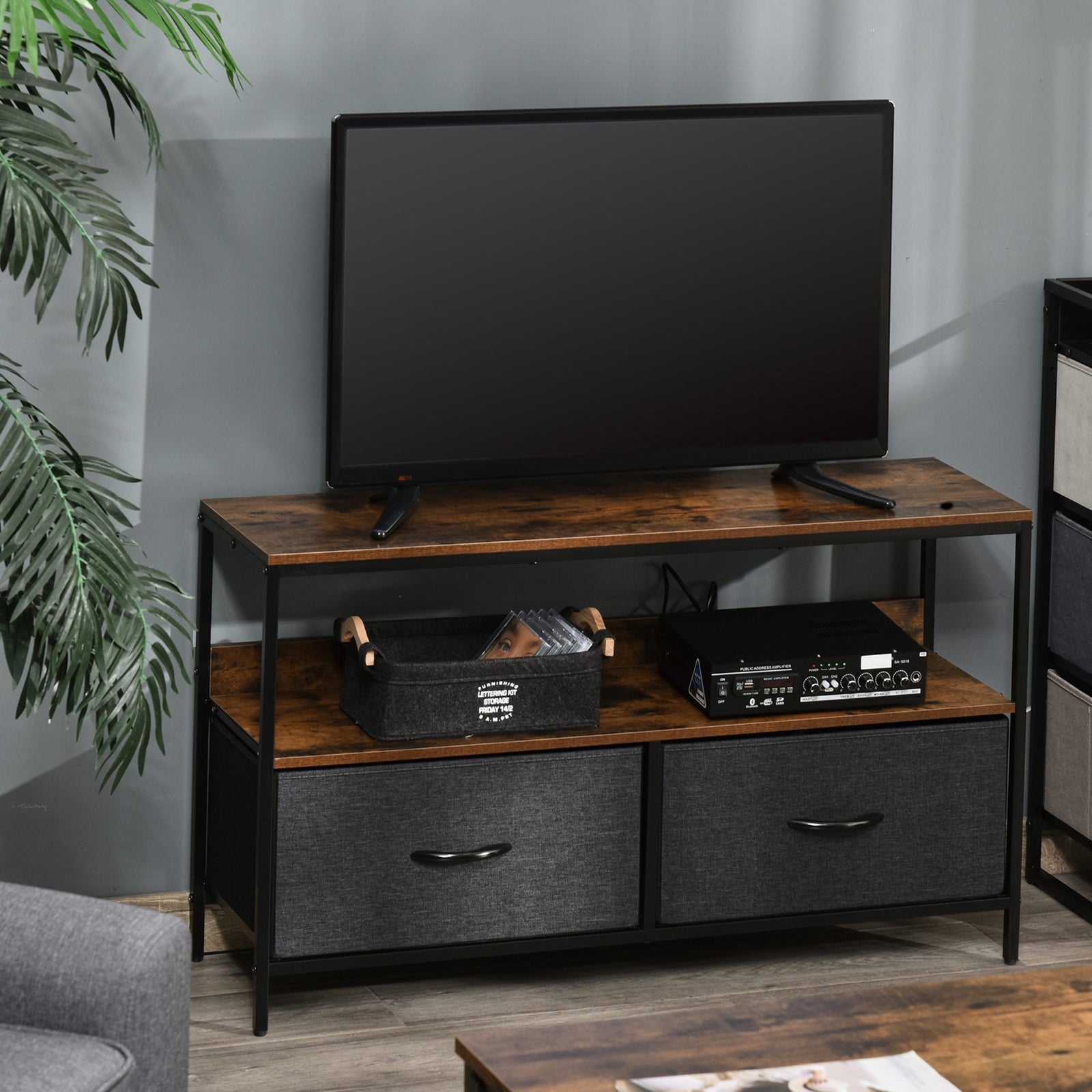 TV Stand Cabinet with 2 Foldable Drawers - Rustic Brown