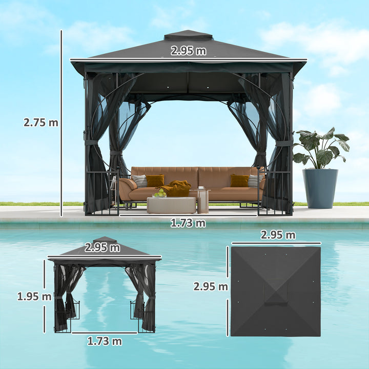 MCL 3 x 3m Garden Gazebo Patio Party Tent Shelter Outdoor Canopy Double Tier Sun Shade with Metal Frame and Netting, Dark Grey