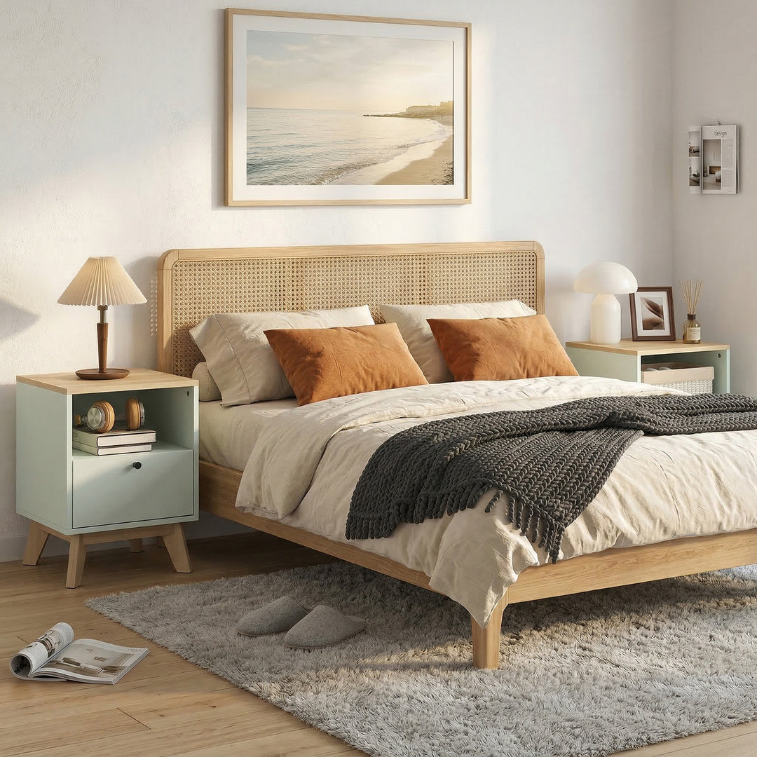 Modern Nightstand Set of 2, Bedside Table with Drawer and Open Shelf, 