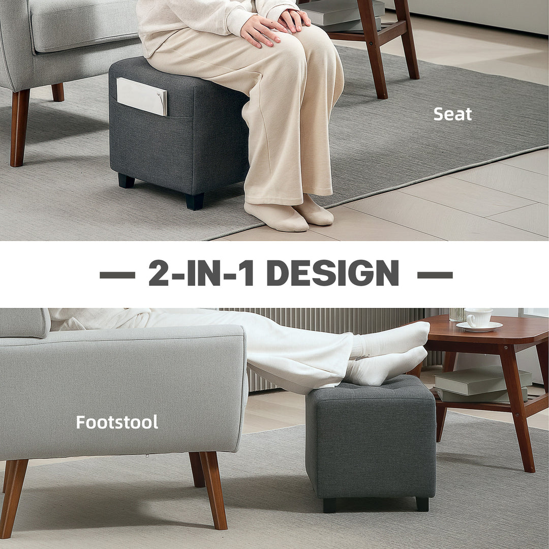 Square Footstool, Small Ottoman with Side Pocket, Linen Fabric Footrest Foot Stool with Rubber Wood Legs and Padded Seat for Living Room, Bedroom, Entryway, 35 x 35 x 35cm, Grey