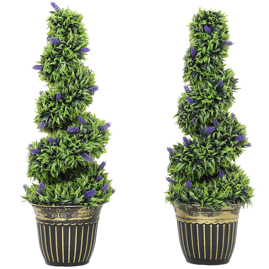 Set of 2 Decorative Artificial Plants, Boxwood Spiral Topiary Tree with Lavender and Pot, Fake Plants for Home Indoor Outdoor Decor, 90cm