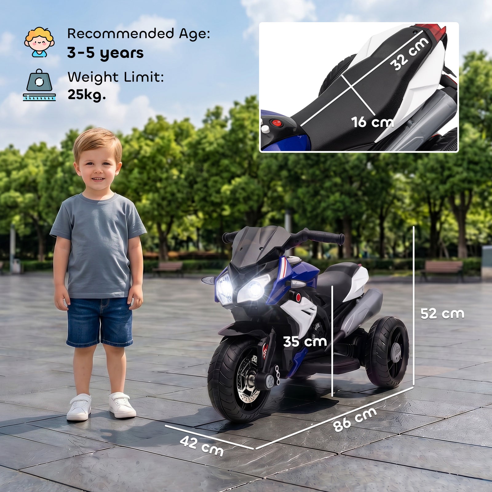 Kids Electric Motorcycle, 6V Ride on Motorcycle with 3 Wheels, LED Hea