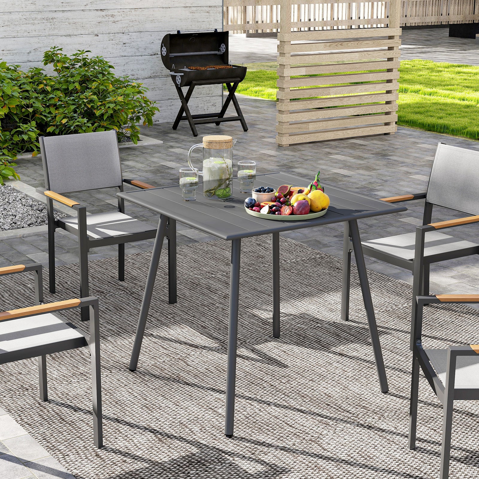 Square Garden Table with Slat Top, Steel Frame, Outdoor Table for 4 Person, 80 x 80 x 74 cm, Grey