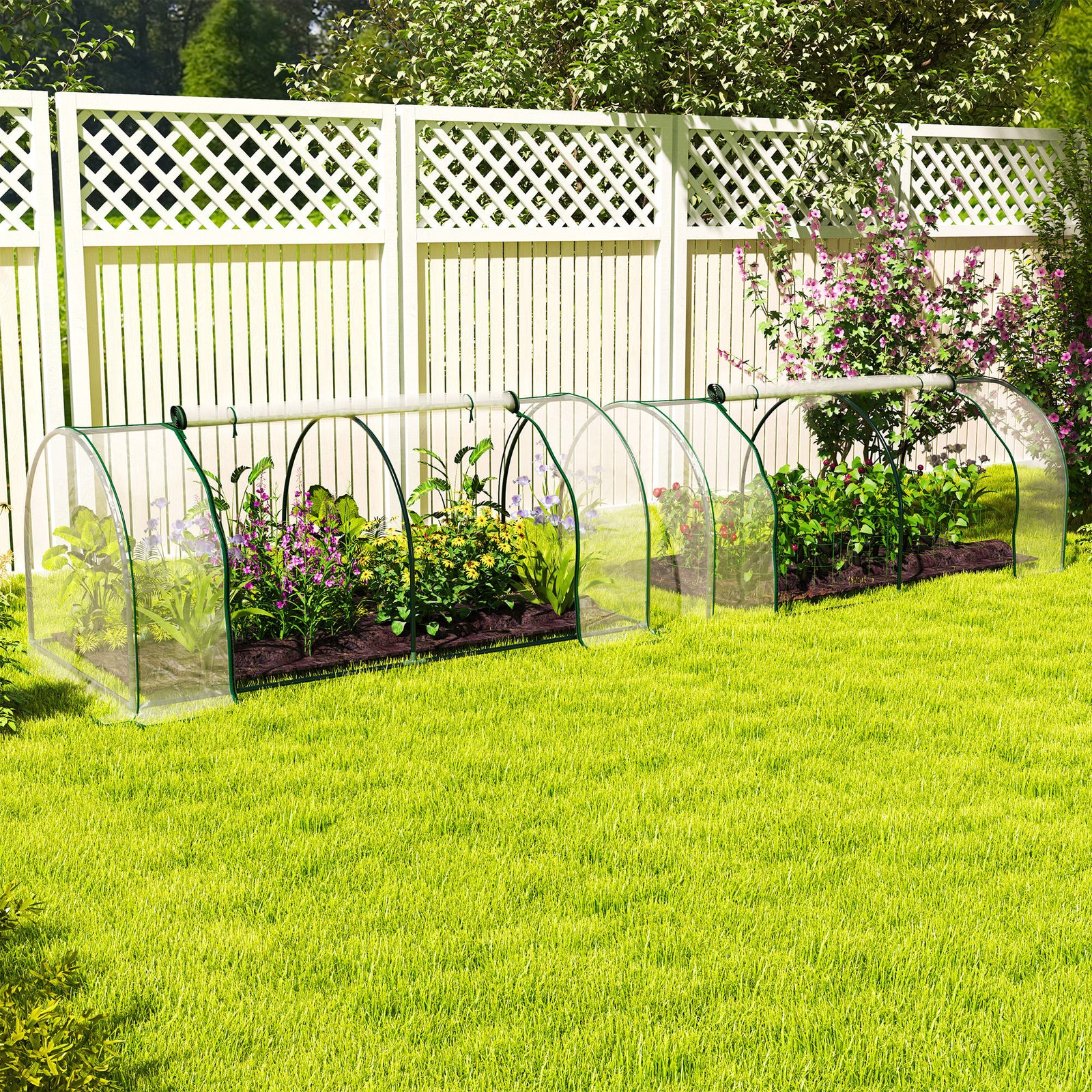 Set of 2 Tunnel Greenhouse, Green Grow House with Roll-up Door, Steel Frame, Plastic Cover for Garden, Outdoor, 200 x 100 x 80cm, Clear