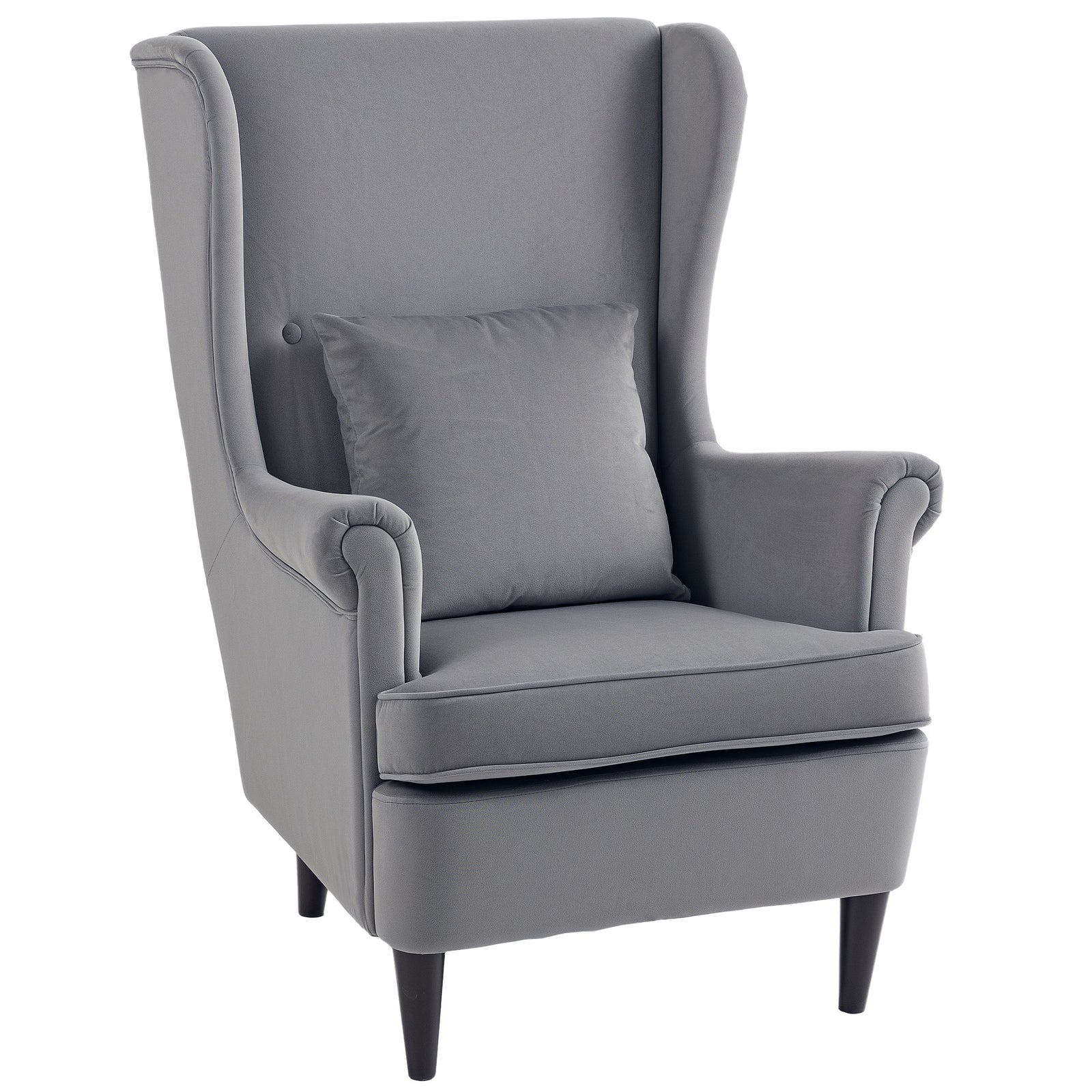 Modern Accent Chair, Upholstered Wingback Armchair with High Backrest and Pillow, Velvet-Feel Fabric Reading Chair with Solid Wood Legs for Living Room, Bedroom, Home Office, Dark Grey