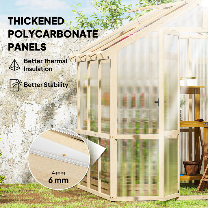 6.6 x 6ft Polycarbonate Greenhouse, Walk-in Wooden Greenhouse with Lockable Door and Window, Garden Plants Grow House, Brown
