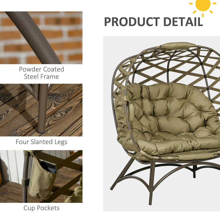2 Seater Egg Chair Outdoor, Folding Weave Garden Furniture Chair with Cushion, Cup Pockets - Khaki