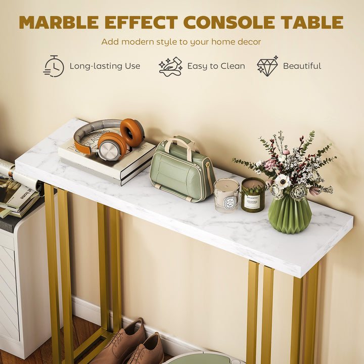 100 cm Console Table with Faux Marble Top, Narrow Entryway Table with Anti-tipping Device
