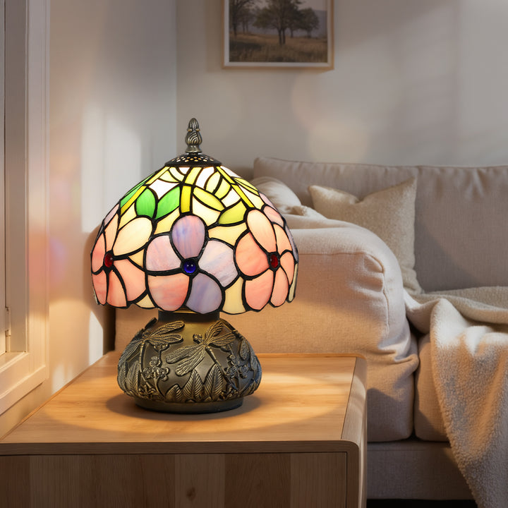 MCL Tiffany-Style Table Lamp with Sculpted Dragonfly Base, Handcrafted Antique Stained Glass Bedside Lamp for Living Room and Bedroom, E27 Socket, Pink
