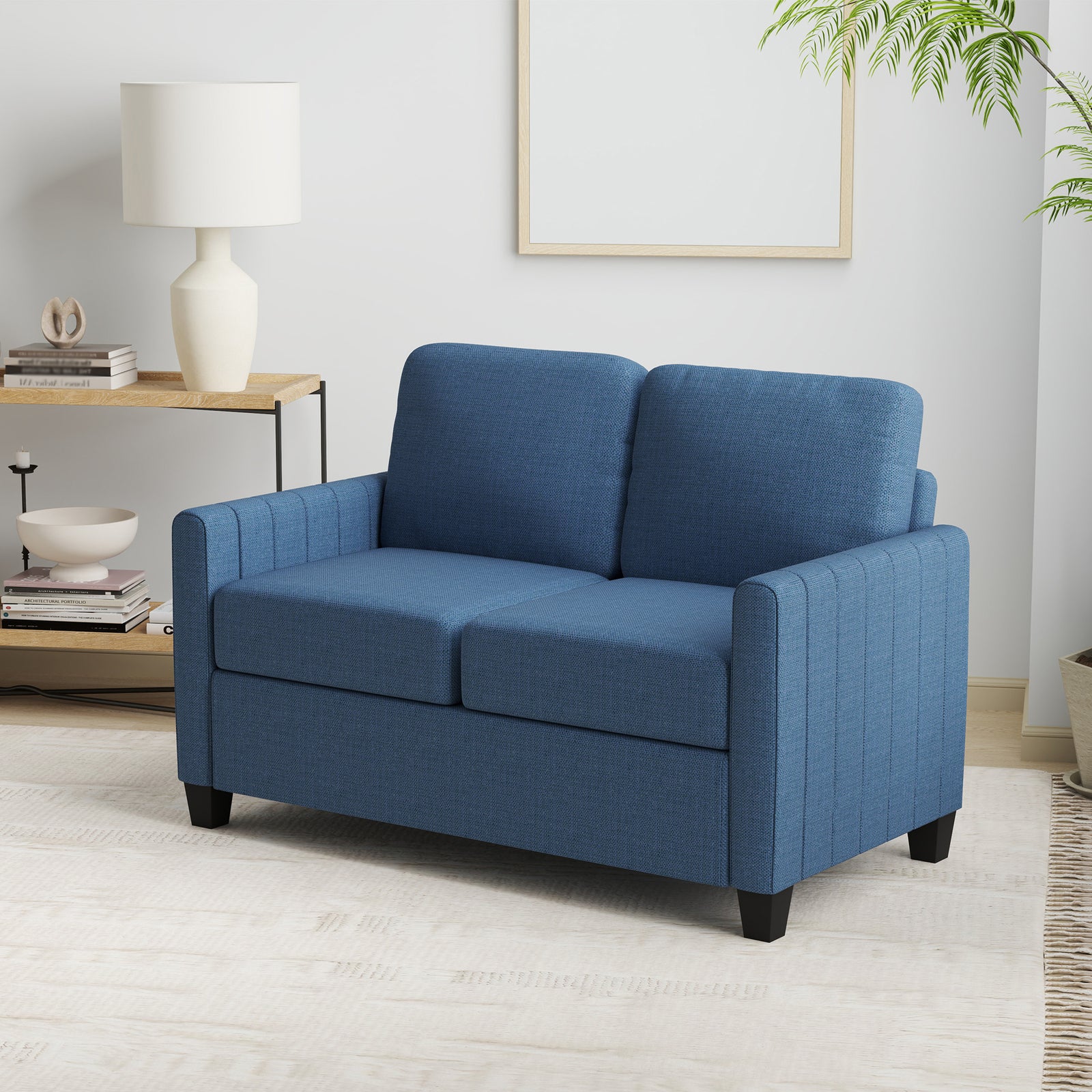 Modern Boxy Linen-Look Two-Seater Sofa - Blue