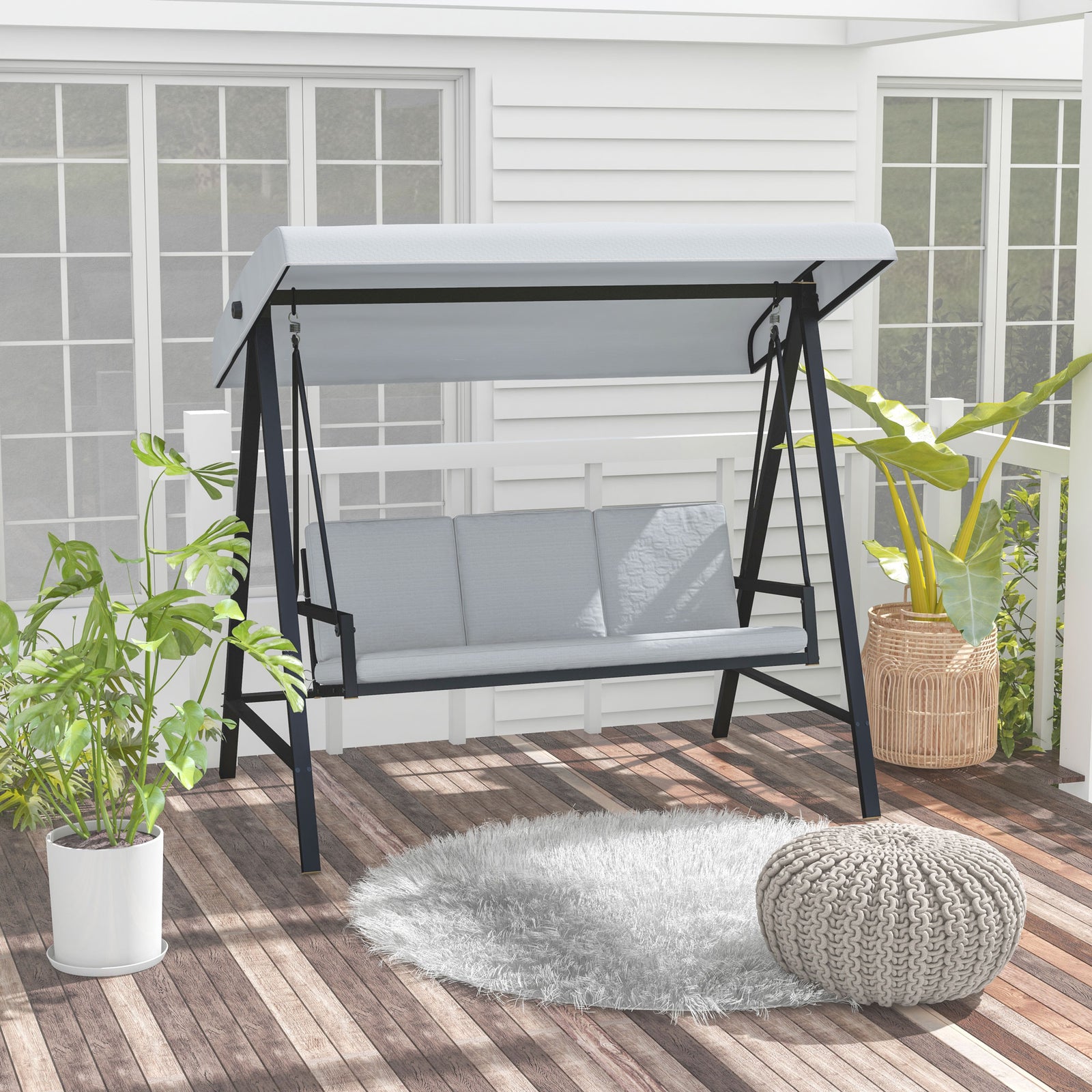 Three-Seat Garden Swing Chair, with Adjustable Canopy - Grey
