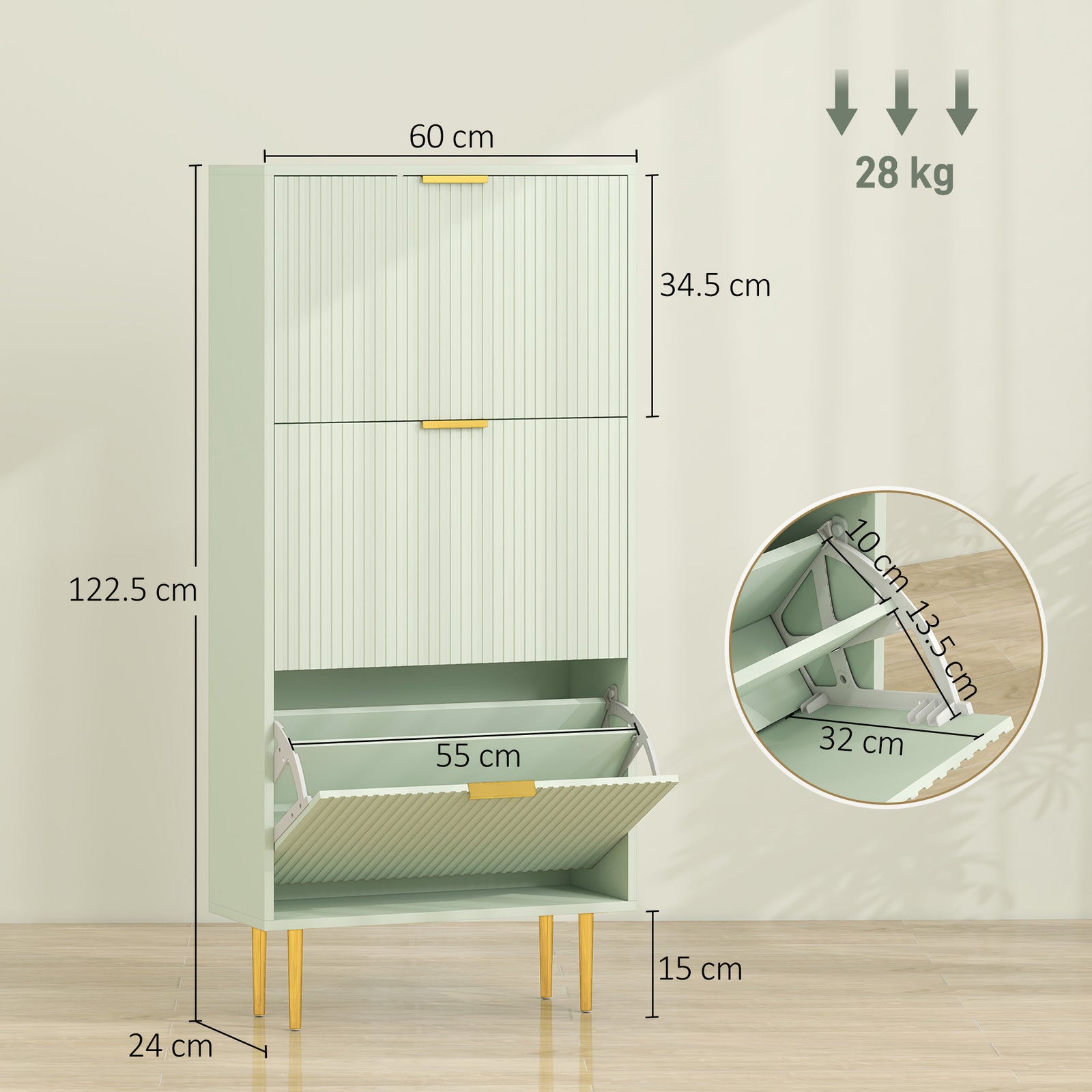 Elegant Three-Drawer Shoe Cabinet - Light Green